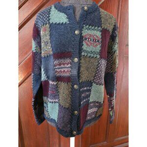 Vtg Eddie Bauer Deer Bay Blue Wool Multi-Color Patchwork Cardigan Sweater M
